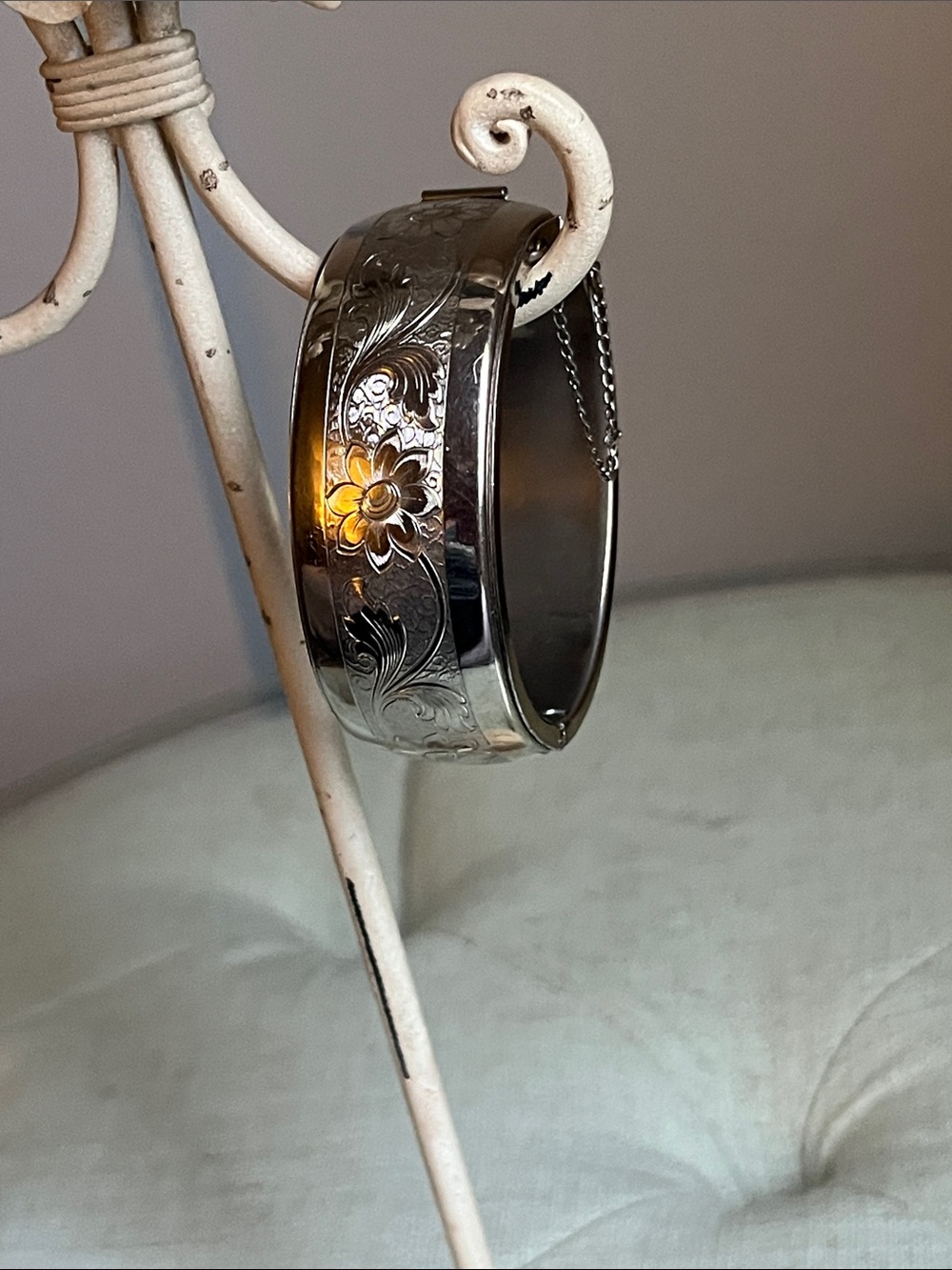 Silver Floral Engraved Hinged Bangle Bracelet - Women Jewelry